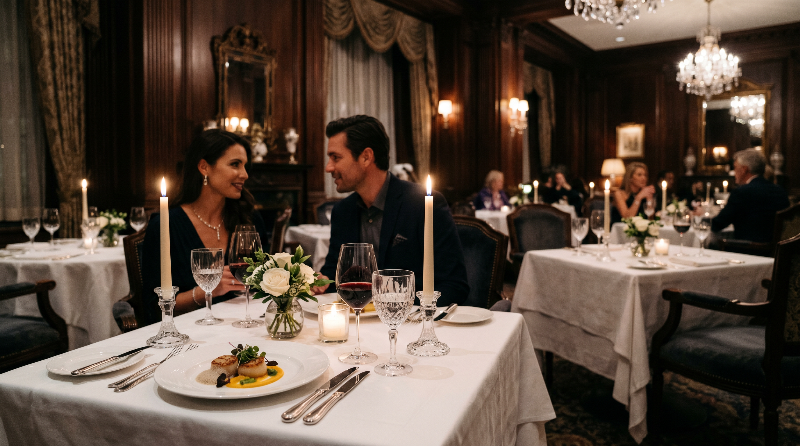 Fine dining restaurant with white tablecloths