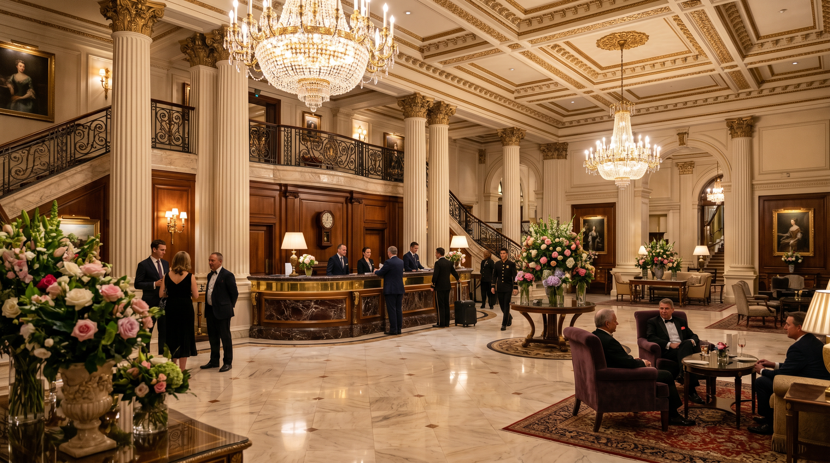 Luxury Hotel Lobby — marble floors and gold chandeliers